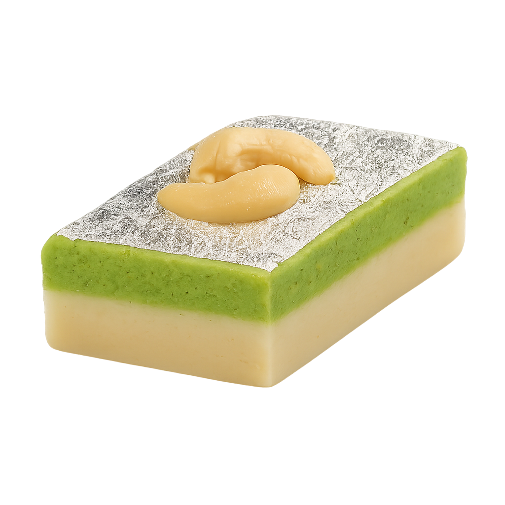 Kaju Cassata sweet with silver foil topping and cashew garnish – premium Indian festive sweet.