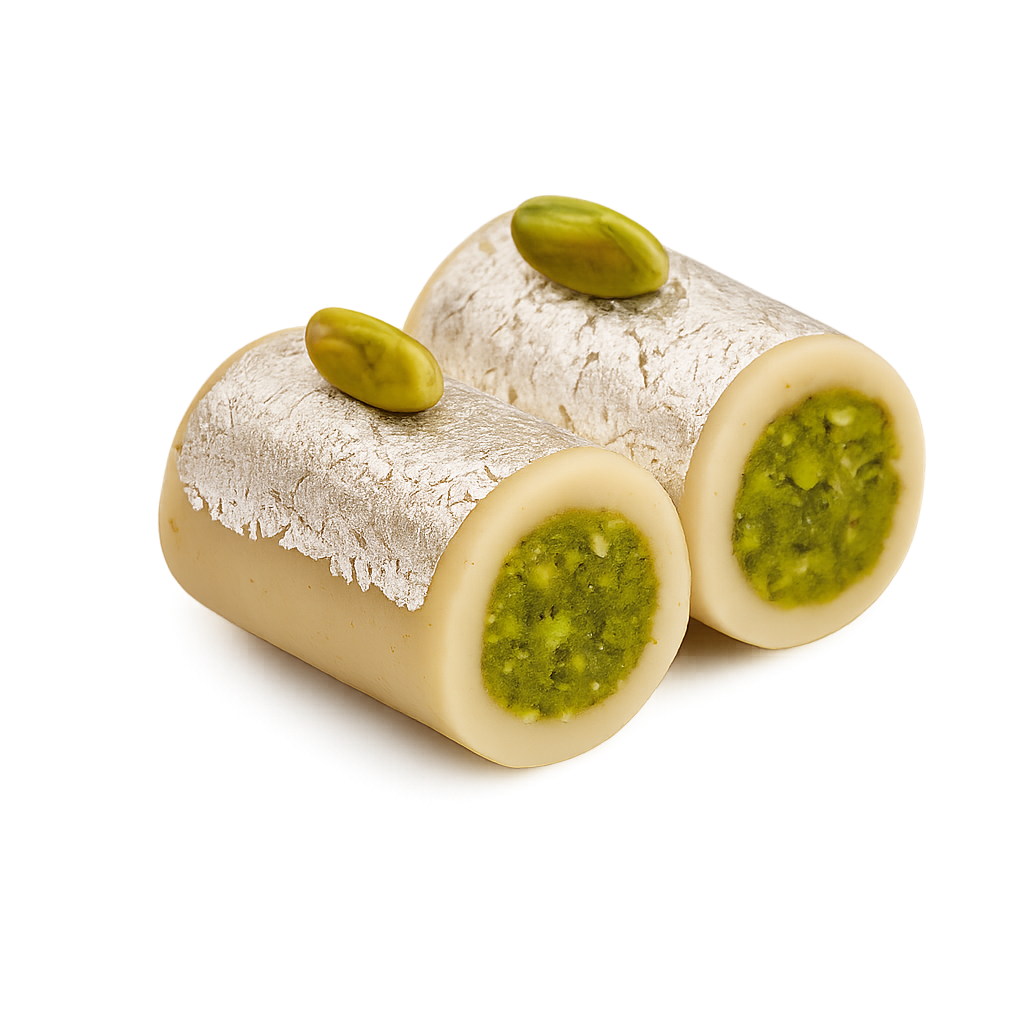 Pista Roll Indian sweet with pistachio filling and silver foil coating – premium cashew and pistachio mithai.