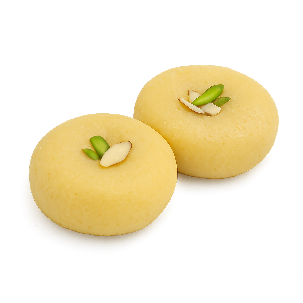 Malai Peda Indian sweet made from khoya and milk, garnished with pistachio and almond slices – traditional mithai.