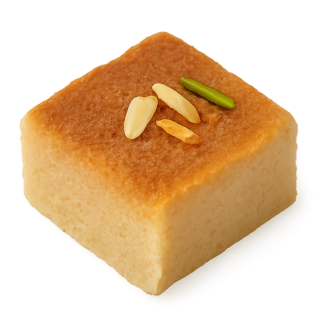 Milk Cake Indian sweet (Kalakand) with golden-brown top, garnished with almond and pistachio slivers – traditional mithai.