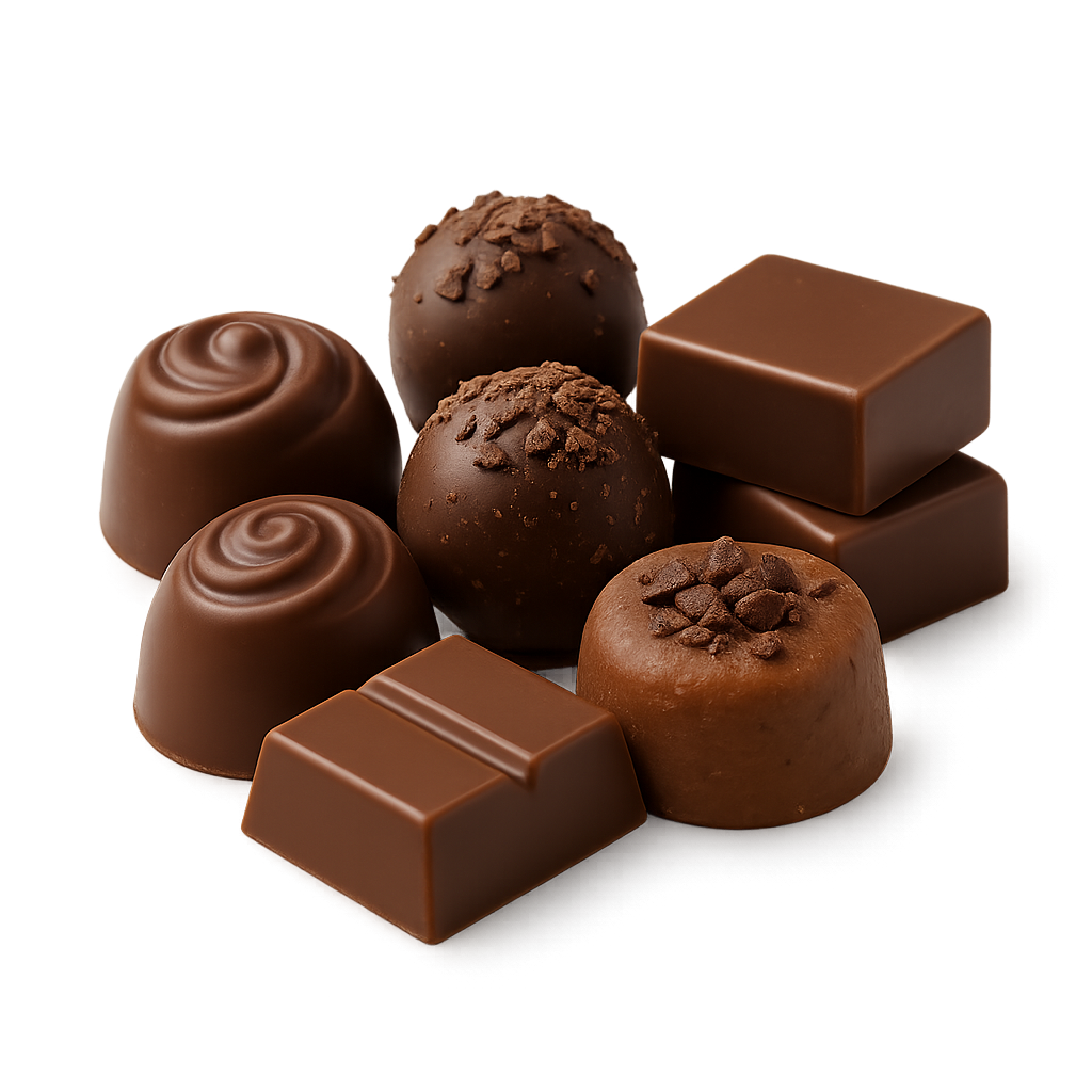 Assorted handmade chocolates with nut and fruit fillings arranged elegantly on a tray – premium festive chocolates by Karita Foods.