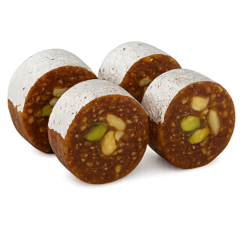 Anjeer Roll Indian sweet with figs, dry fruits, and silver foil – premium festive mithai.