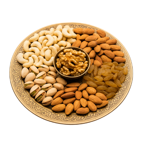 Assorted dry fruits including almonds, cashews, pistachios, raisins, and walnuts arranged on a decorative brass plate – premium dry fruit platter by Karita Foods.
